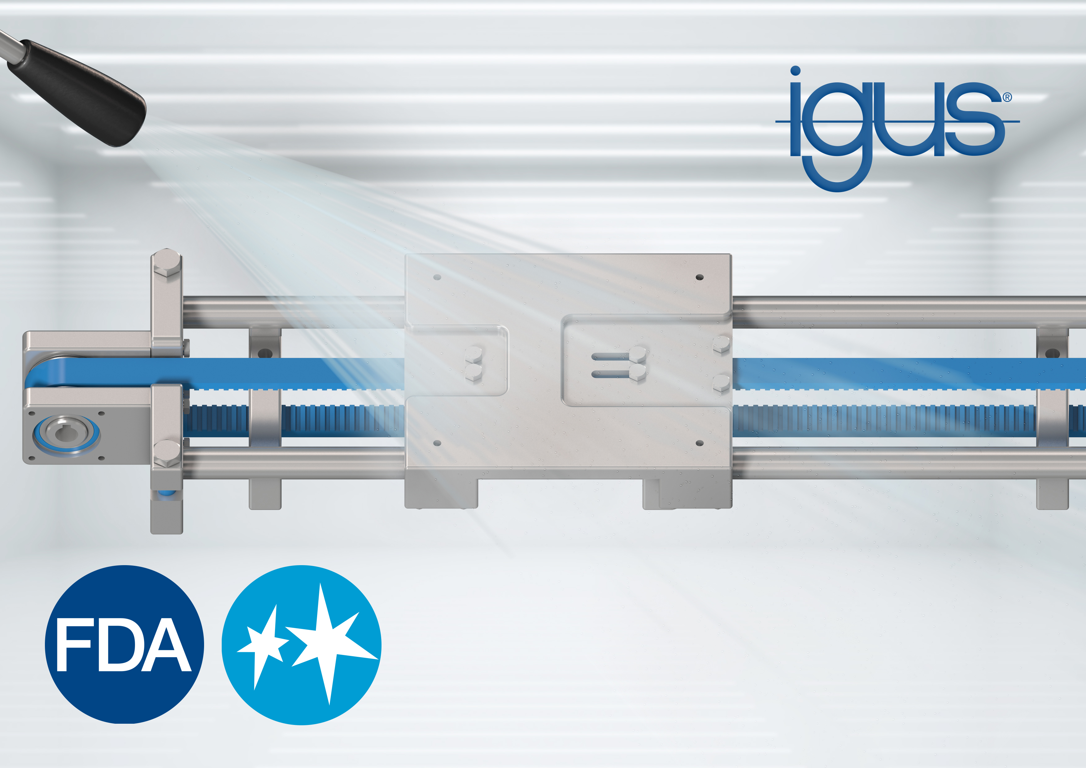 Lubrication-free igus linear belt axis in a hygienic design for clean use in food technology