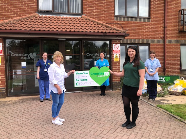 Cransley Hospice receives cheque for £10,000 along with hampers, goody bags and products for their hard-working nurses and staff